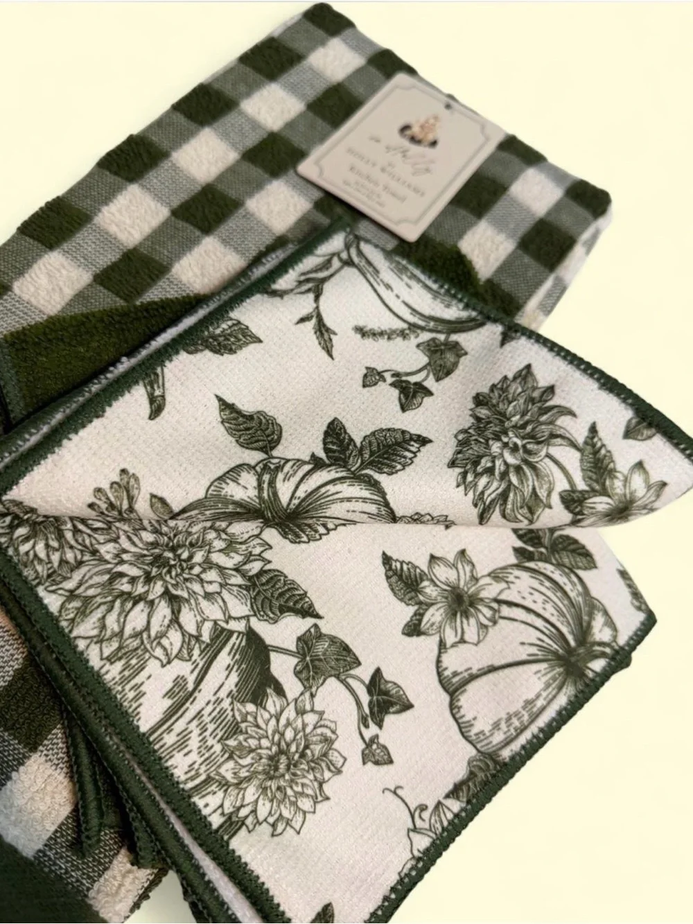New Green & Cream Gingham Floral Kitchen Towel Set